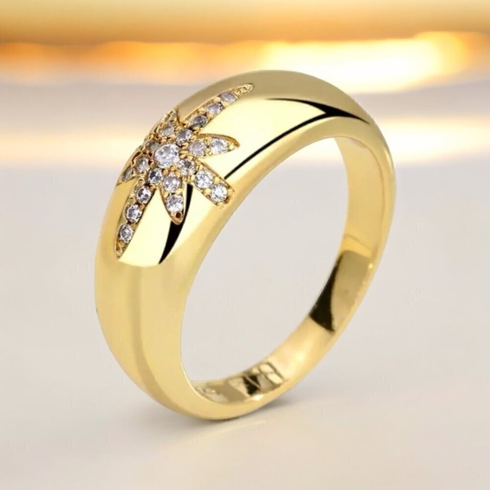 NWT Star Dome Ring 18K Yellow Gold Plated Encrusted With Cubic Zirconia SZ. 9